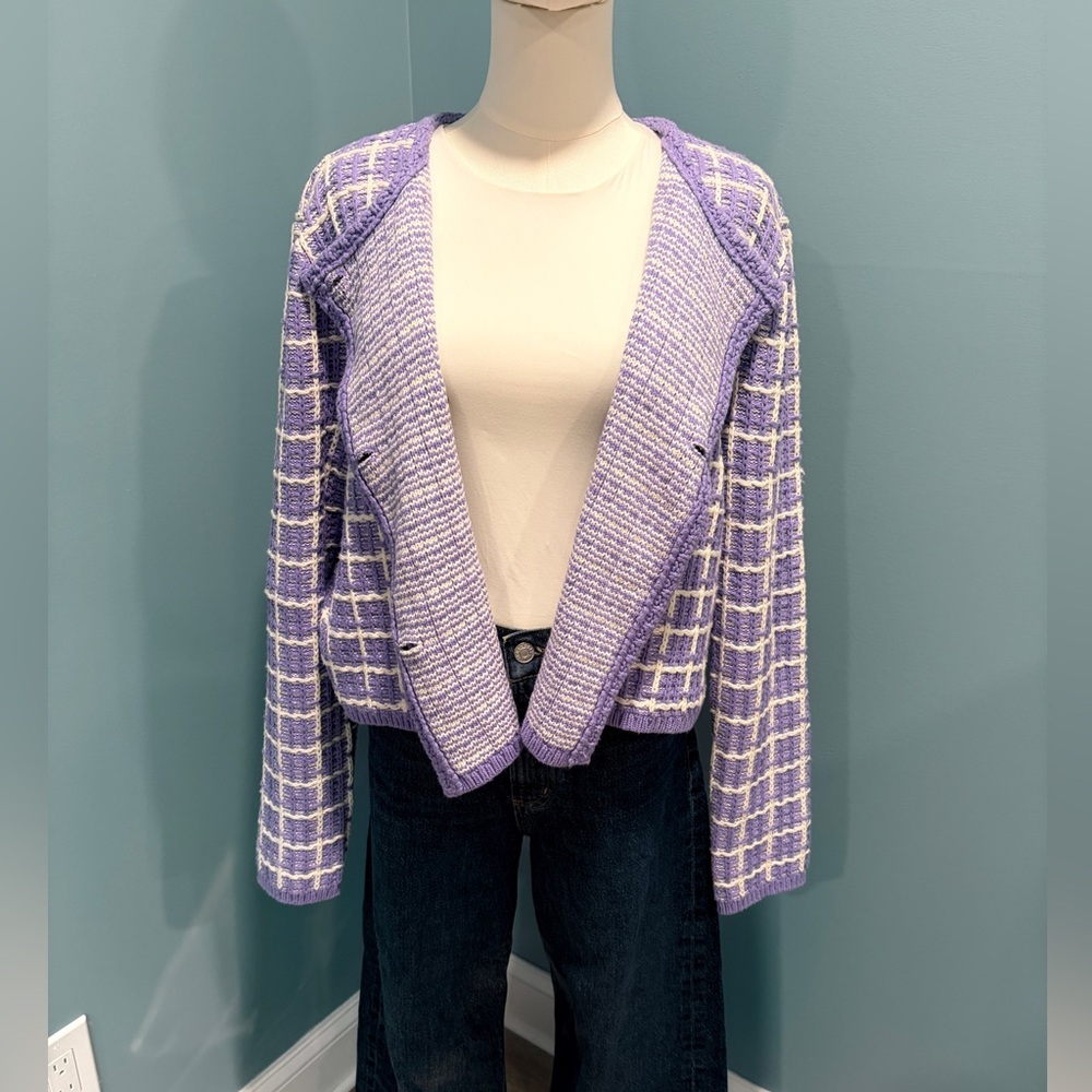 Ann Taylor Lavender Tweed Knit Cardigan Women’s Medium Cropped Button Jacket - Picture 2 of 10